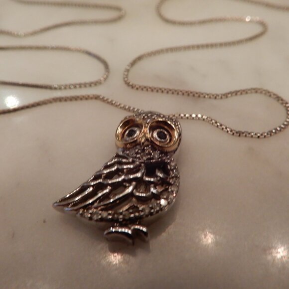 Silver and 14 Karat Yellow Gold Owl Necklace - Picture 1 of 7